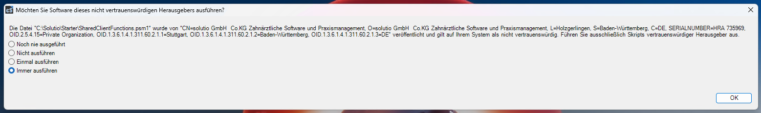 Warnung Software dieses nicht vertrauenswürdigen Herausgebers ausführen?